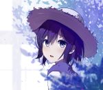  :o bangs blurry blurry_foreground blush brown_hat bush capelet depth_of_field eyebrows_visible_through_hair from_side grey_eyes hat highres looking_at_viewer looking_to_the_side nagisa_(cxcx5235) open_mouth original purple_hair short_hair solo straw_hat tareme two-tone_background upper_body 