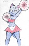  2018 blue_fur breasts cartoon_network cat cheerleader cleavage clothed clothing feline female fur mammal midriff nicole_watterson pom_poms postdisease simple_background skirt the_amazing_world_of_gumball traditional_media_(artwork) white_background 