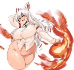  :d anchors arm_behind_head arm_up bangs blush bottomless breasts buttons collared_shirt cowboy_shot cropped_legs curvy dress_shirt eyebrows eyebrows_visible_through_hair fire fujiwara_no_mokou groin hair_between_eyes highres large_breasts long_hair long_sleeves navel no_pussy ofuda open_mouth plump red_eyes shirt simple_background smile solo stomach straight_hair teeth thick_thighs thighs touhou white_background white_hair white_shirt 