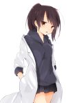  blue_hoodie blue_skirt brown_eyes brown_hair copyright_request cowboy_shot eyebrows_visible_through_hair hiiragi_fuyuki hood hoodie labcoat long_sleeves looking_at_viewer parted_lips pleated_skirt ponytail simple_background skirt solo standing white_background 