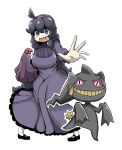  @_@ ahoge al_bhed_eyes arm_up banette black_eyes black_footwear blush breasts dress full_body gen_3_pokemon hand_up headband hex_maniac_(pokemon) highres knees_together_feet_apart large_breasts long_hair long_sleeves looking_at_viewer open_mouth outline outstretched_arm pigeon-toed poke_ball poke_ball_(generic) pokemon pokemon_(creature) pokemon_(game) pokemon_xy purple_dress purple_eyes purple_hair red_sclera shoes smile standing tail tazonotanbo teeth turtleneck turtleneck_dress white_background white_legwear 