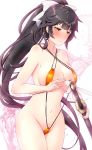  alternate_costume azur_lane bangs bare_arms bare_legs bikini black_hair blush bow breasts brown_eyes cleavage collarbone commentary_request embarrassed groin gudon_(iukhzl) hair_bow half-closed_eyes holding holding_sword holding_weapon katana large_breasts long_hair looking_at_viewer looking_down ponytail sheath sheathed sideboob sidelocks slingshot_swimsuit solo swimsuit sword takao_(azur_lane) thighs very_long_hair weapon white_bow 