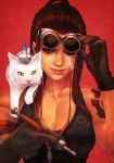  absurdres animal animal_on_shoulder arm_tattoo armband breasts brigitte_(overwatch) brown_hair casual cat cat_on_shoulder cleavage commentary earphones freckles gloves goggles goggles_on_head highres jetpack_cat_(overwatch) light_smile lips medium_breasts monori_rogue one_eye_closed overwatch ponytail red_background shoulder_tattoo sidelocks sleeveless smile solo tattoo torn_clothes torn_sleeves upper_body whiskers whiskers_(overwatch) 