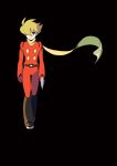  absurdres ahoge black_background blonde_hair boots brown_footwear closed_mouth cyborg_009 energy_gun full_body highres male_focus oomura_yuusuke ray_gun scarf serious shimamura_joe simple_background solo walking weapon yellow_eyes yellow_neckwear 