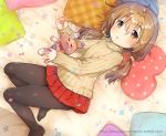  :3 bandaged_arm bandaged_ear bandaged_leg bandages bandaid_on_cheek bangs bed_sheet black_legwear blush brown_eyes brown_sweater closed_eyes closed_mouth commentary_request dutch_angle eyebrows_visible_through_hair hair_between_eyes hair_cubes hair_ornament heart heart_pillow ichihaya light_brown_hair long_hair long_sleeves looking_at_viewer low_twintails lying no_shoes on_side original pantyhose parted_lips pillow plaid plaid_pillow pleated_skirt polka_dot polka_dot_pillow red_skirt ribbed_sweater skirt sleeves_past_wrists solo star stuffed_animal stuffed_bunny stuffed_toy sweater twintails watermark web_address 