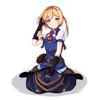  adjusting_hair bad_id bad_pixiv_id belt blonde_hair blue_eyes commentary_request fingerless_gloves frederica_irving gloves highres looking_at_viewer nekomiyanono pouch seiza sekaiju_no_meikyuu shin_sekaiju_no_meikyuu simple_background sitting solo twintails white_background 