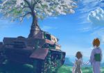  anglerfish blue_kimono cherry_blossoms child cloud cloudy_sky commentary day dress from_behind girls_und_panzer goripan ground_vehicle holding_hands ivy japanese_clothes kimono long_sleeves military military_vehicle mother_and_daughter motor_vehicle multiple_girls nishizumi_miho ocean older outdoors panzerkampfwagen_iv scenery short_hair sky standing tank tree white_dress wide_sleeves 