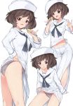  akiyama_yukari arm_support bangs blouse blue_neckwear blush brown_eyes brown_hair commentary cosplay crotch_seam debutya_aki dixie_cup_hat eyebrows_visible_through_hair flint_(girls_und_panzer) flint_(girls_und_panzer)_(cosplay) fox_shadow_puppet from_side girls_und_panzer grey_panties hat highres holding holding_microphone invisible_chair lace lace-trimmed_panties lifted_by_self long_skirt long_sleeves looking_at_viewer messy_hair microphone military_hat multiple_views neckerchief ooarai_naval_school_uniform open_mouth panties pinky_out pleated_skirt sailor sailor_collar school_uniform short_hair side_slit simple_background sitting skirt skirt_lift smile standing sweatdrop underwear white_background white_blouse white_hat white_skirt 