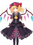  absurdres black_dress black_legwear blonde_hair bow dress eyebrows_visible_through_hair flandre_scarlet frilled_bow frills hair_between_eyes hair_bow hat highres long_hair open_mouth pantyhose red_bow red_eyes sakipsakip short_sleeves side_ponytail simple_background solo standing striped touhou vertical_stripes white_background wrist_cuffs 