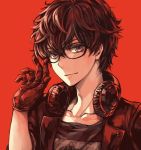  amamiya_ren bad_id bad_twitter_id black_hair glasses gloves headphones highres jin_(phoenixpear) looking_at_viewer male_focus persona persona_5 persona_5:_dancing_star_night persona_dancing short_hair smile solo 