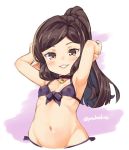  armpits arms_up arulumaya bikini black_bikini breasts brown_eyes brown_hair choker granblue_fantasy groin harvin jingai_modoki long_hair lowleg lowleg_bikini navel pointy_ears ponytail small_breasts smile solo swimsuit upper_body 