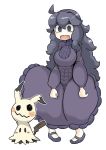  @_@ ahoge al_bhed_eyes animal_ears blush breasts dress full_body gen_7_pokemon headband hex_maniac_(pokemon) highres large_breasts long_hair long_sleeves looking_at_viewer mimikyu open_mouth outline pigeon-toed pokemon pokemon_(creature) pokemon_(game) pokemon_xy purple_dress purple_eyes purple_footwear purple_hair shoes standing tail tazonotanbo turtleneck turtleneck_dress white_background 