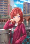 artist_name bolo_tie bridge building cardigan collared_shirt commentary_request dated hand_in_pocket hand_on_own_cheek head_rest heart highres light_blush long_sleeves looking_at_viewer love_live! love_live!_school_idol_project medium_hair nishikino_maki pink_cardigan purple_eyes railing red_hair shamakho shirt skyscraper smile solo striped striped_legwear upper_body 