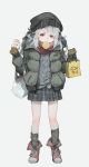  alternate_costume ankle_boots bag bangs blush boots brown_eyes coat eating food food_in_mouth food_on_face g11_(girls_frontline) girls_frontline gloves green_coat grey_background grey_legwear grey_skirt grey_sweater hair_between_eyes half-closed_eyes hat head_tilt highres holding holding_bag holding_food kneehighs light_particles long_hair looking_away messy_hair open_clothes plaid plaid_skirt scarf shopping_bag shuzi sidelocks silver_hair simple_background skirt sleeves_past_wrists solo sweater very_long_hair white_background winter_clothes winter_coat 