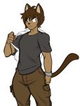  anthro backpack black_nose brown_fur brown_hair cargo_pants cat clothed clothing feline fully_clothed fur grey_eyes hair looking_aside male mammal pants portrait roki rokiloki shirt short_hair simple_background solo standing tan_fur three-quarter_portrait white_background 