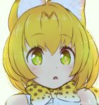  animal_ears bare_shoulders blonde_hair bow bowtie eyebrows_visible_through_hair kemono_friends kuzumochiko portrait serval_(kemono_friends) serval_ears serval_print short_hair solo sparkling_eyes 