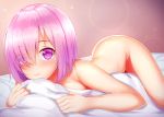  ass bangs bed_sheet blush breasts closed_mouth commentary_request eyebrows_visible_through_hair eyes_visible_through_hair fate/grand_order fate_(series) hair_over_one_eye large_breasts looking_at_viewer lying mash_kyrielight nude on_stomach pillow pillow_hug pink_eyes pink_hair smile solo zuizhong 