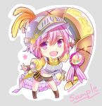  :d aiguillette armor black_shorts boomerang boots brown_footwear character_name chibi feathers flower_knight_girl full_body grey_background helmet huge_weapon knee_boots looking_at_viewer medal navel open_mouth pink_eyes pink_hair rhodanthe_(flower_knight_girl) sample satou_satoru shirt short_hair shorts simple_background smile solo weapon yellow_shirt 