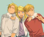  1girl 2boys :d alphonse_elric blonde_hair blue_background blue_eyes brothers clenched_hand commentary earrings edward_elric english_commentary fingernails frown fullmetal_alchemist happy hug hug_from_behind jacket jewelry long_hair long_sleeves looking_at_viewer looking_away loveariddle multiple_boys open_mouth ponytail purple_shirt red_shirt shirt short_hair siblings simple_background smile standing sweatdrop upper_body v white_jacket white_shirt winry_rockbell yellow_eyes 