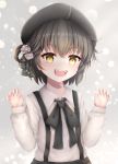  :d bangs beret black_bow black_hat black_ribbon black_skirt blush bow brown_eyes brown_hair claw_pose collared_shirt endsmall_min eyebrows_visible_through_hair fangs fingernails flower hair_between_eyes hair_flower hair_ornament hair_ribbon hair_rings hands_up hat hatoba_tsugu hatoba_tsugu_(character) highres long_sleeves looking_at_viewer md5_mismatch mole mole_under_eye open_mouth ribbon rose shirt skirt smile solo suspender_skirt suspenders v-shaped_eyebrows virtual_youtuber white_flower white_rose white_shirt 