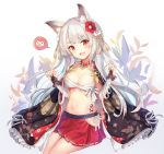  absurdres aiguillette alternate_costume animal_ears azur_lane bandaged_arm bandages bangs braid breasts buckle claw_pose cleavage cloak collar cowboy_shot dana_(hapong07) eyebrows_visible_through_hair fang fingerless_gloves floating_hair flower gloves groin hair_flower hair_ornament head_tilt heart_collar highres long_hair looking_at_viewer medium_breasts microskirt nail_polish navel pleated_skirt red_eyes sarashi side_cutout sidelocks silver_hair skirt smile solo spiked_collar spikes stomach tail tassel tattoo thick_eyebrows thighs underboob wrist_straps yuudachi_(azur_lane) 