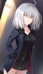  ahoge black_dress black_footwear black_jacket breasts coat cowboy_shot dress eyebrows_visible_through_hair fate/grand_order fate_(series) full-length_zipper fur-trimmed_coat fur-trimmed_sleeves fur_trim gradient hands_in_pockets jacket jeanne_d'arc_(alter)_(fate) jeanne_d'arc_(fate)_(all) jewelry kanpyou_(hghgkenfany) large_breasts necklace open_clothes open_coat open_jacket short_dress short_hair silver_hair solo wicked_dragon_witch_ver._shinjuku_1999 yellow_eyes zipper 