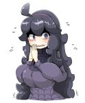  @_@ ahoge al_bhed_eyes blush breasts cropped_torso dress flying_sweatdrops hands_together hands_up headband hex_maniac_(pokemon) highres large_breasts long_hair long_sleeves looking_to_the_side nervous npc_trainer open_mouth pokemon pokemon_(game) pokemon_xy purple_dress purple_eyes purple_hair solo sweat tazonotanbo turtleneck turtleneck_dress upper_body white_background 