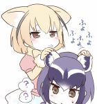  ? animal_ears blonde_hair blush_stickers brown_eyes common_raccoon_(kemono_friends) ear_fondling fennec_(kemono_friends) grey_hair kemono_friends kuzumochiko multicolored_hair multiple_girls spoken_question_mark white_background 