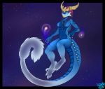  2017 anthro armor aurelion_sol_(lol) blue_eyes blue_scales blue_skin breasts claws crossgender digital_media_(artwork) dragon female hair horn league_of_legends nude riot_games scales scalie solo space star teeth toe_claws unknown_artist video_games 