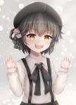  :d bangs beret black_bow black_hat black_ribbon black_skirt blush bow brown_eyes brown_hair claw_pose collared_shirt endsmall_min eyebrows_visible_through_hair fangs fingernails flower hair_between_eyes hair_flower hair_ornament hair_ribbon hair_rings hands_up hat hatoba_tsugu hatoba_tsugu_(character) highres long_sleeves looking_at_viewer md5_mismatch mole mole_under_eye open_mouth ribbon rose shirt skirt smile solo suspender_skirt suspenders v-shaped_eyebrows virtual_youtuber white_flower white_rose white_shirt 