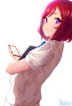  artist_name blue_neckwear bow bowtie cellphone commentary_request eyebrows_visible_through_hair highres holding holding_phone looking_at_viewer looking_back love_live! love_live!_school_idol_project marshall_(wahooo) nishikino_maki otonokizaka_school_uniform phone purple_eyes red_hair school_uniform short_sleeves simple_background smartphone smile solo sweater_vest upper_body white_background 