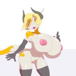 anthro armwear big_breasts blonde_hair bovine breasts clothing cuoqet elbow_gloves female gloves hair horn huge_breasts hyper hyper_breasts legwear looking_at_viewer mammal nipples open_mouth pussy solo standing thigh_highs voluptuous wide_hips 