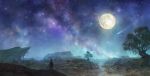  brown_hair comet commentary_request fantasy from_behind full_moon highres horizon long_hair milky_way moon nebula original scenery sitting skirt sky solo somei_yoshinori space star_(sky) starry_sky tree white_skirt 