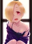  backlighting bare_shoulders bared_teeth blonde_hair breasts camisole cleavage collarbone ear_piercing earrings hair_over_one_eye highres idolmaster idolmaster_cinderella_girls itsuki_jun jewelry looking_at_viewer medium_breasts off-shoulder_shirt open_mouth piercing purple_shirt red_eyes shirasaka_koume shirt short_hair solo strap_slip teeth upper_body window 