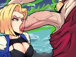  1girl android_18 angry black_bra blonde_hair blue_eyes bob_cut boxerman bra breasts broly cleavage dragon_ball dragonball_z fellatio hand_on_another&#039;s_head highres huge_penis jacket large_breasts looking_at_another oral penis raglan_sleeves shirt_lift short_hair solo_focus standing uncensored upper_body veiny_penis 