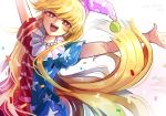  :d american_flag_dress arms_up asuku_(69-1-31) blonde_hair blush clownpiece confetti dress fairy_wings half-closed_eyes hat jester_cap long_hair looking_at_viewer neck_ruff open_mouth outstretched_arms pixiv_id polka_dot_hat print_dress purple_hat red_eyes round_teeth shiny shiny_hair short_sleeves simple_background smile solo striped striped_dress teeth touhou upper_body very_long_hair white_background wings 