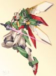  beam_saber commentary_request energy_gun full_body glowing gundam gundam_build_fighters highres holding holding_weapon mecha no_humans solo tei-o weapon wing_gundam_fenice wings 