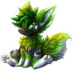  &lt;3 2018 4_ears alpha_channel ambiguous_gender chibity claws dragon feral fluffy fluffy_tail fur furred_dragon green_eyes green_fur green_hair hair headphones multi_ear pawpads paws protogen simple_background sitting solo transparent_background 