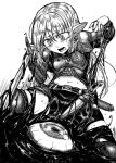  armor bangs belt bike_shorts elf eyebrows_visible_through_hair greyscale hair_between_eyes highres holding holding_sword holding_weapon imminent_rape knee_pads knife kotoba_noriaki long_hair midriff monochrome navel open_mouth original pointy_ears reverse_grip scabbard sheath shoulder_armor simple_background slime spaulders sweat sword tears tentacles weapon white_background wide-eyed 