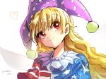  american_flag american_flag_print artist_name asuku_(69-1-31) bangs blonde_hair blush closed_mouth clownpiece eyebrows_visible_through_hair fairy_wings flag_print hat heart highres jester_cap long_hair looking_away looking_up neck_ruff pixiv_id polka_dot_hat purple_hat shiny shiny_hair short_sleeves simple_background smile solo tareme touhou upper_body wavy_hair white_background wings 