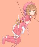  :o antenna_hair arched_back bdsm beret blush bondage boots bound bound_arms brown_hair cardcaptor_sakura dress dress_lift flat_chest from_side full_body gloves hat highres ikasumi_(user_gsgn4323) kinomoto_sakura kneeling leaning_forward leash long_sleeves looking_at_viewer looking_to_the_side nipples no_bra no_panties open_mouth pink_capelet pink_dress pink_footwear pink_hat ribbon see-through short_hair sidelocks solo striped striped_ribbon thigh_boots thigh_strap thighhighs wand white_gloves 