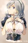  bangs black_bra black_dress blue_eyes bow bow_bra bra bra_peek breasts cleavage closed_mouth commentary_request dress hair_between_eyes hands_on_own_chest hands_up large_breasts long_hair looking_at_viewer maid maid_headdress original puffy_short_sleeves puffy_sleeves short_sleeves sidelocks silver_hair solo twitter_username tyone underwear wrist_cuffs 