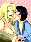  2girls black_hair blonde_hair breasts cleavage drunk eyes_closed female grin large_breasts long_hair medium_breasts multiple_girls naruto shizune_(naruto) short_hair smile tarajenkins tsunade upper_body 