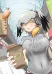  bag bangs black_hair blonde_hair breasts brown_hair casual commentary_request contemporary covered_navel cup dutch_angle eurasian_eagle_owl_(kemono_friends) grey_hair grey_shirt hair_between_eyes hand_up headphones highres holding holding_cup indoors john_(a2556349) kemono_friends large_breasts looking_back multicolored_hair multiple_girls northern_white-faced_owl_(kemono_friends) open_mouth shirt shoebill_(kemono_friends) short_hair shoulder_bag solo_focus standing taut_clothes taut_shirt turtleneck upper_body yellow_eyes 
