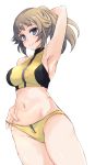  abenattou adjusting_clothes adjusting_swimsuit arm_behind_head arm_up armpits bikini blue_eyes blush breasts brown_hair cameltoe closed_mouth covered_nipples cowboy_shot dutch_angle groin gundam gundam_build_fighters gundam_build_fighters_try hoshino_fumina long_hair looking_at_viewer medium_breasts navel ponytail sideboob sidelocks simple_background smile solo standing stomach swimsuit thighs white_background yellow_bikini 