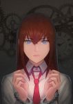  blue_eyes brown_hair chinese_commentary clock closed_mouth collared_shirt commentary_request cuffs eyebrows_visible_through_hair fateline_alpha gears handcuffs hands_up highres long_hair looking_at_viewer makise_kurisu necktie red_neckwear shirt solo steins;gate white_shirt wing_collar 