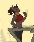 anthro beauty_mark big_lips black_fur black_nose brown_hair canine clothed clothing doberman dog exercise female fur glacierclear green_eyes gym hair lips looking_at_viewer mammal pointy_ears red_lips solo sweat tailwag treadmill 