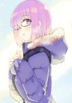  alternate_costume black-framed_eyewear eyebrows_visible_through_hair fate/grand_order fate_(series) fur_trim glasses hair_over_one_eye kusano_houki lavender_hair looking_at_viewer mash_kyrielight pink_hair purple_eyes purple_hair short_hair solo winter_clothes 