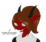  2018 anthro brown_hair dialogue english_text female hair horn open_mouth scalie simple_background solo suirano suirano_(character) text white_background 