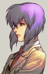  1girl bangs collared_shirt from_side ghost_in_the_shell grey_background hair_between_eyes hankuri jacket kusanagi_motoko lips military military_jacket military_uniform parted_lips profile purple_eyes purple_hair red_neckwear shirt short_hair uniform white_shirt 